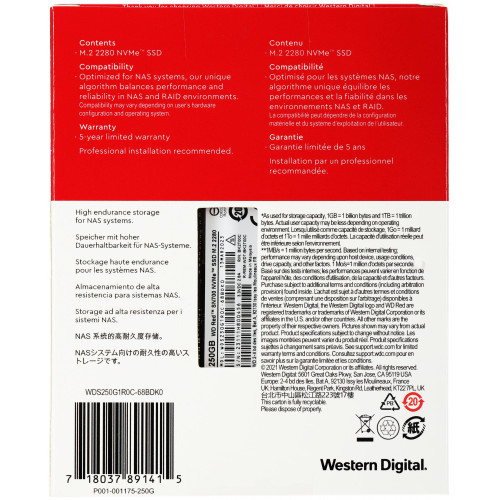 Накопитель SSD WD PCIe 3.0 x4 250GB WDS250G1R0C Red SN700 M.2 2280
