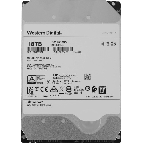 Жесткий диск WD SATA-III 18TB 0F38459 WUH721818ALE6L4 Server Ultrastar DC HC550 512E (7200rpm) 512Mb 3.5" 