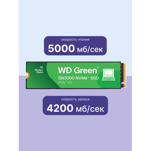 Твердотельные накопители WD SSD Green SN3000, 1000GB, M.2(22x80mm), NVMe, PCIe 4.0 x4, QLC, R/W 5000/4200MB/s, TBW 150, DWPD 0.1 (12 мес.)