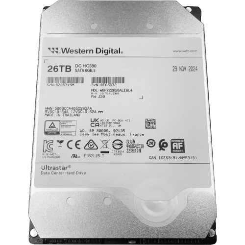 Жесткий диск HDD WD SATA3 Server 26Tb Ultrastar DC HC590 7200 6Gb/s 512MB (replacement ST24000NM002H, MG11ACA24TE, WUH722424ALE6L4, WUH722424ALE604, WUH722624ALE6L4, WD241KRYZ)