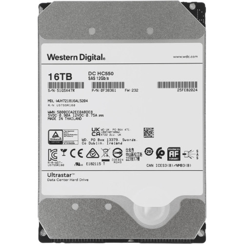 Жесткий диск WD SAS 3.0 16TB 0F38361 WUH721816AL5204 Ultrastar DC HC550 (7200rpm) 512Mb 3.5" 