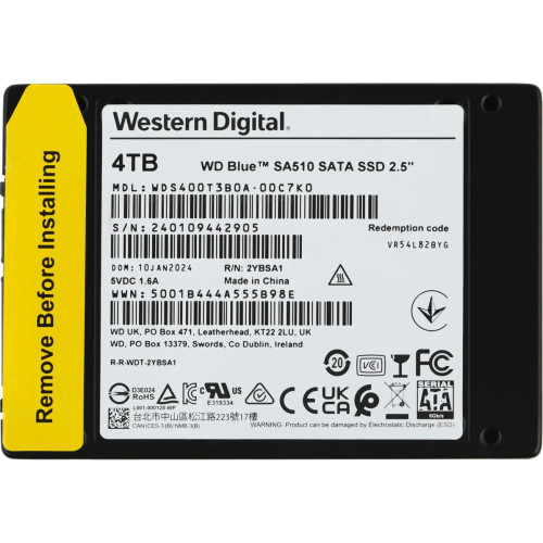 Твердотельный накопитель WD SSD Blue SA510, 4000GB, 2.5" 7mm, SATA3, R/W 560/520MB/s, IOPs 87 000/83 000, TBW 600, DWPD 0.1 (12 мес.)