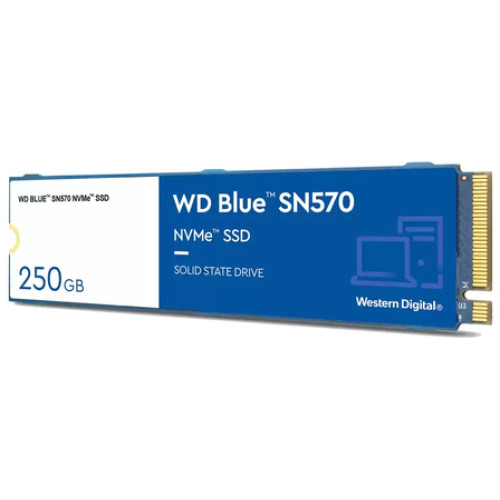 Твердотельный накопитель WD SSD Blue SN570 NVMe, 250GB, M.2(22x80mm), NVMe, PCIe 3.0 x4, 3D TLC, R/W 3300/1200MB/s, IOPs 190 000/210 000, TBW 150, DWPD 0.3 (12 мес.)