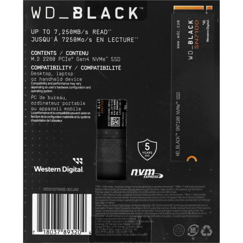 Твердотельные накопители WD SSD Black SN7100, 1000GB, M.2(22x80mm), NVMe, PCIe 4.0 x4, 3D TLC, R/W 7250/6900MB/s, IOPs 1 000 000/1 400 000, TBW 600, DWPD 0.3 (12 мес.)