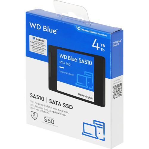 Твердотельный накопитель WD SSD Blue SA510, 4000GB, 2.5" 7mm, SATA3, R/W 560/520MB/s, IOPs 87 000/83 000, TBW 600, DWPD 0.1 (12 мес.)
