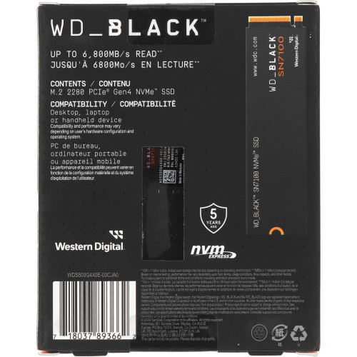 Твердотельный накопитель WD SSD Black SN7100, 500GB, M.2(22x80mm), NVMe, PCIe 4.0 x4, TLC, R/W 6800/5800MB/s, TBW 300, DWPD 0.3 (12 мес.)