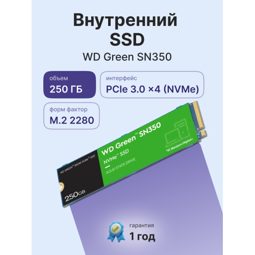 Твердотельный накопитель WD SSD Green SN350 NVMe, 250GB, M.2(22x80mm), NVMe, PCIe 3.0 x4, 3D TLC, R/W 2400/900MB/s, IOPs 160 000/150 000, TBW 40, DWPD 0.3 (12 мес.)