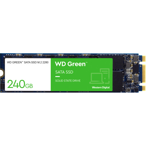Твердотельные накопители WD SSD Green, 240GB, M.2(22x80mm), SATA3, 3D TLC, R/W 545/465MB/s, IOPs 37 000/68 000, TBW 80, DWPD 0.3 (12 мес.)